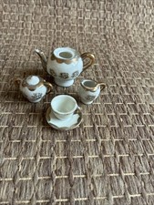 Vintage Miniature Dollhouse white w/gold Porcelain Cup Saucer Cream Sugar Pot