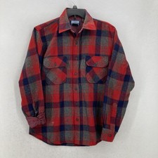 Vintage Sears Fieldmaster Flannel Mens Medium Red Blue Gray Plaid Wool Blend 90s