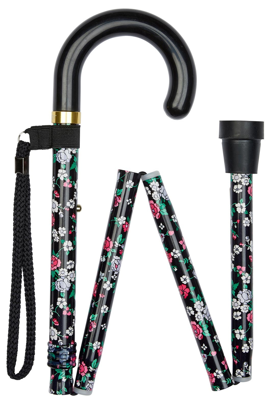 Black Floral Crook Handle Folding Walking Stick