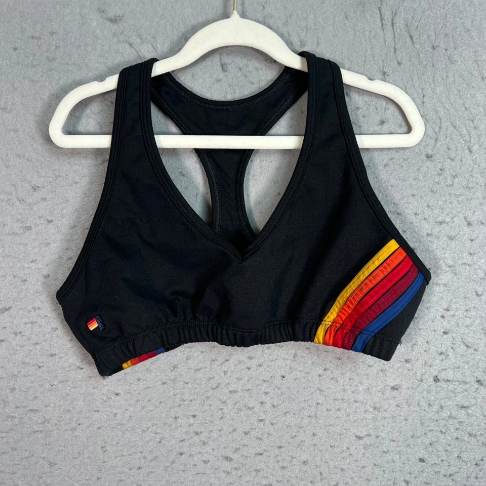 Aviator Nation Size Medium Set Black With Rainbow Stripes Sports Bra & Shorts - Image 2 of 4
