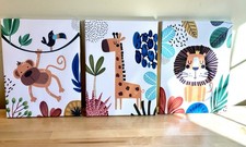 Cute Jungle Safari Nursery Animal Decor Set of 3 Canvas Wall Art Ready To Hang