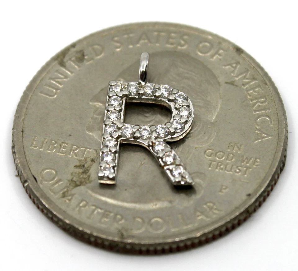 Initial R Letter Mini Pendant / Charm with Natural Diamond in 14K White Gold - Image 2 of 4