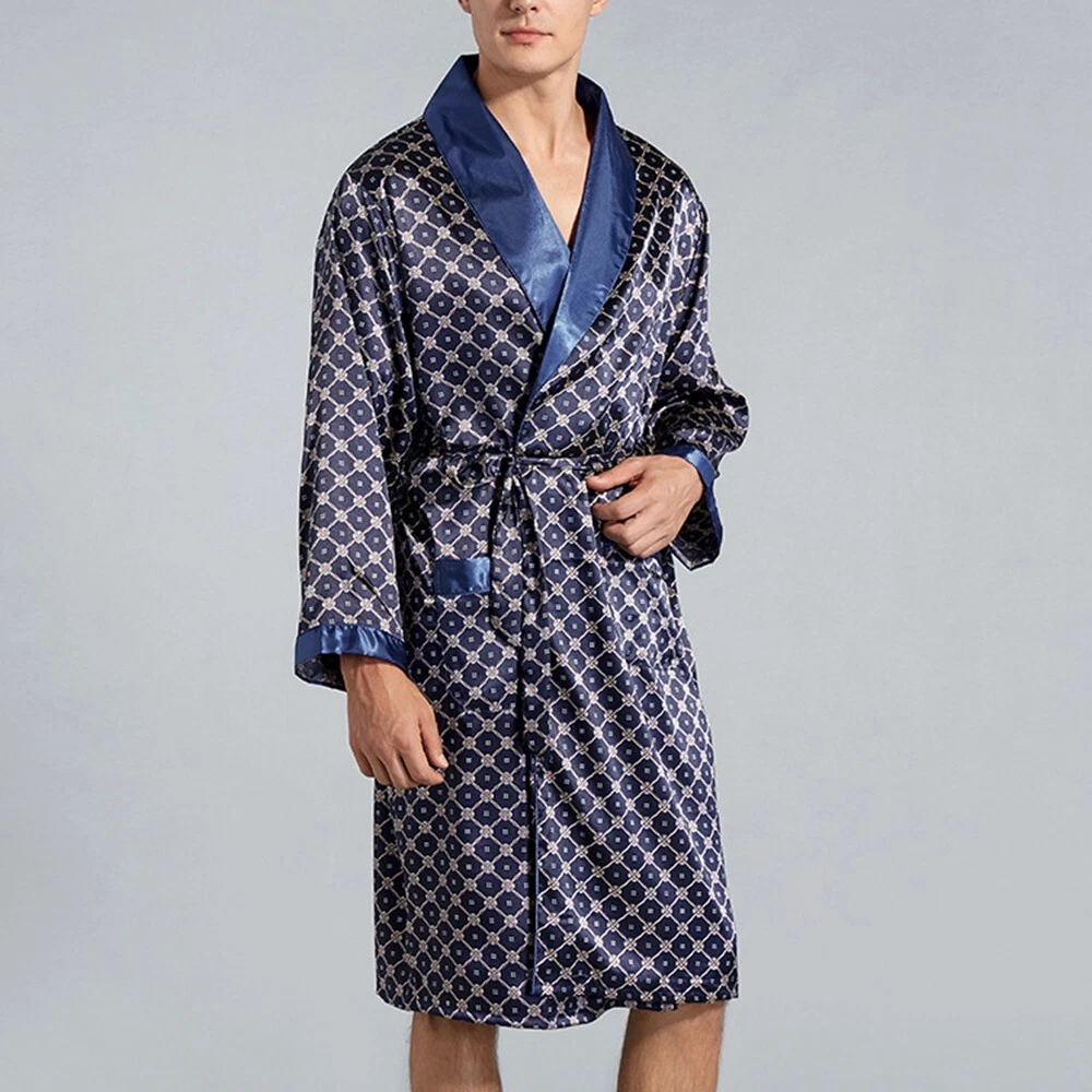 Mens Dressing Gown Pure Silk Stripe Navy | Derek Rose