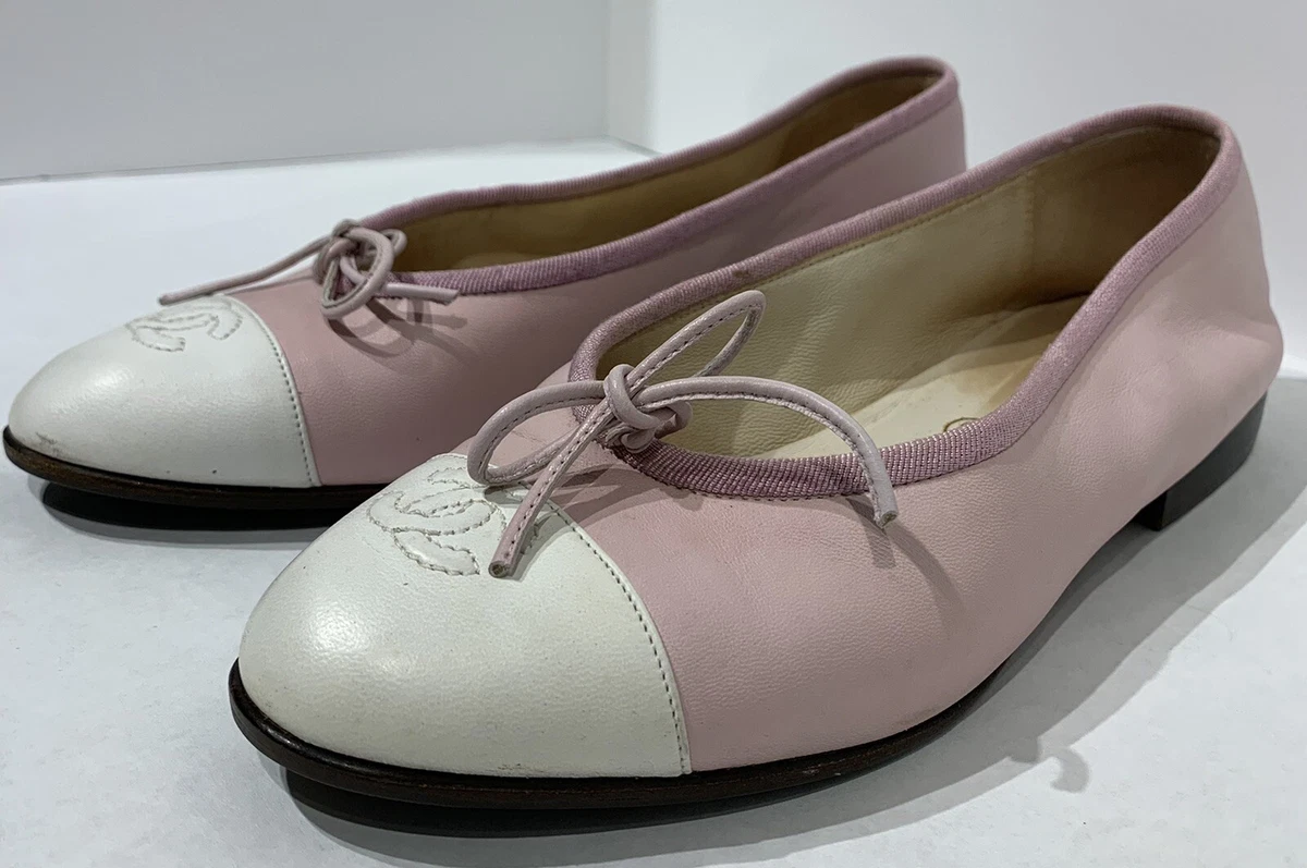 CHANEL Pink Leather White Cap Toe Bow CC Logo Ballet Flat Classic US 6 EU  36.5