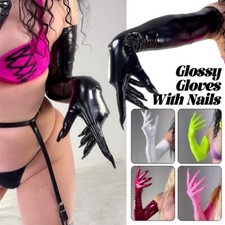 Sexy guantes largos elásticos de charol sintético látex brillante aspecto húmedo con uñas ropa de club nocturno