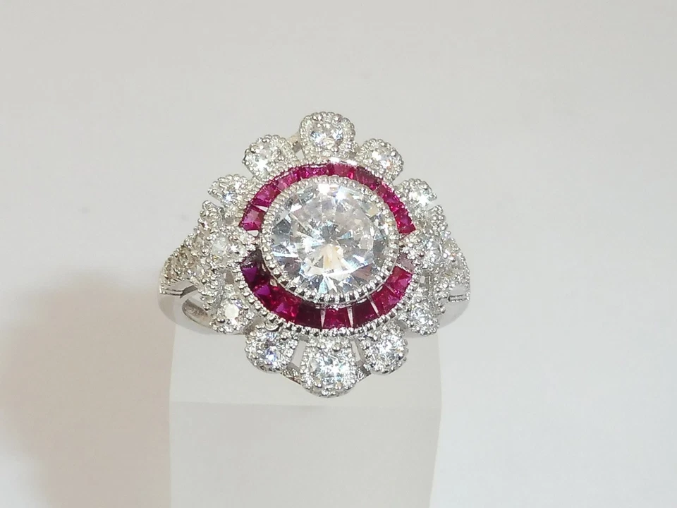 Anello da donna in argento sterling 925 con zaffiro bianco e rubino - Immagine 3 di 4