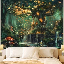 Forest Wall Tapestry for Bedroom, Nature Green Tree of Life Tapestries Wall Hang