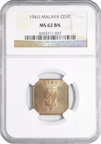 1941 I MS62 BN Malaya Cent NGC UNC KM# 2 363 Registry points!