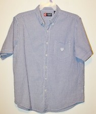Chaps Mens Short Sleeve Shirt Blue Stripe Button Down Collar Logo XL 19" neck