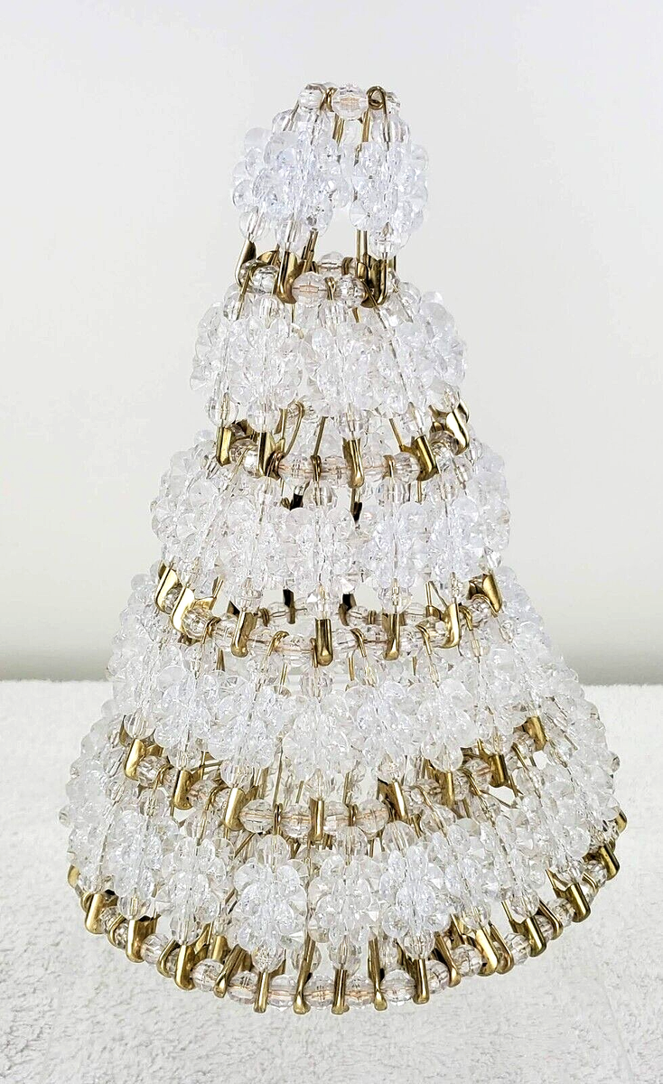 Vintage Safety Pin & Beaded Christmas Tree - Clear & Gold - 9.5