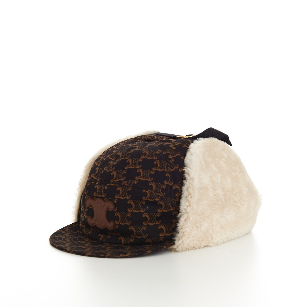 CELINE 790$ Triomphe Chapka Hat In Monogram Cotton & Shearling | eBay