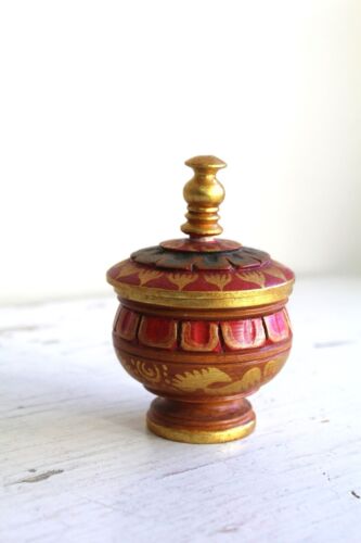 Hand Painted Round Wood Jar Trinket Treasure Box Gold Red Tibetan Style Wooden - Picture 3 of 6