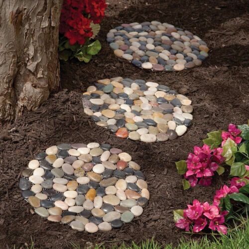 Set of 3 Round River Stone Outdoor Garden Stepping Stones - Picture 1 of 1