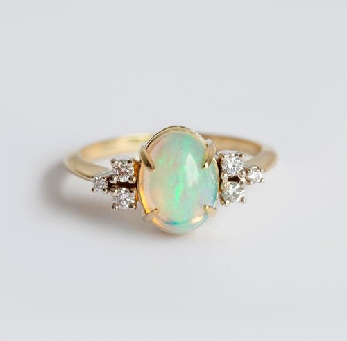 Bague Solitaire Opale Feu Ovale 2 Carats Plaqué Or 14k - Réglable Et Gravable - Neuf