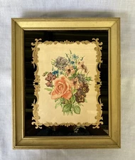 Framed Floral 1930's Print under Reversed Painted Glass in Black Gold 11.5 x 9.5