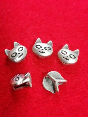 5 silberne Katzen Schiebe Metallperlen ca. 1 x 1 x 0,3 cm DIY Armband Halskette 
