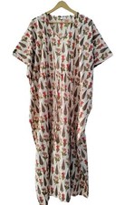 Cotton Loose Short Sleeves Block Print Beige Free Size Hippie Caftan Maxi Dress