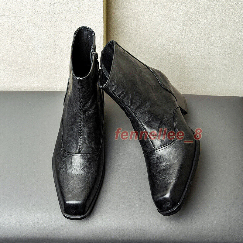 Square Toe High Heel Boots Mens Cuban Heel Side Zipper Ankle Boots
