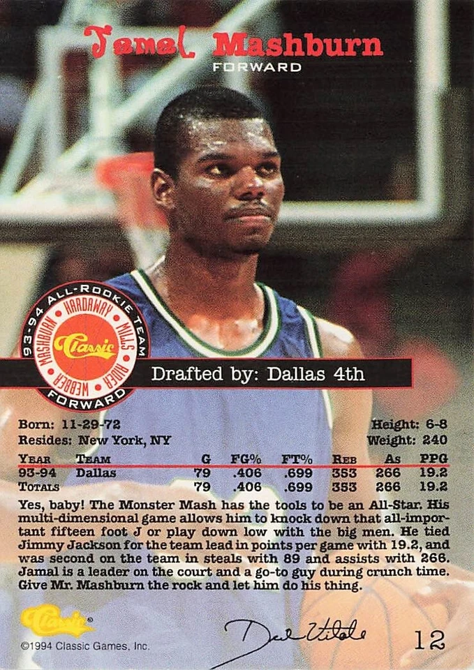 Jamal Mashburn All-Rookie Team Classic 1993-94 Basketball Card #12 - Image 2 of 2