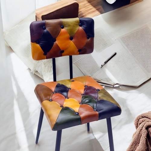 Retro Patchwork Leather Dining Chair – Mid Century Modern Style with Padded Seat - Picture 12 of 13