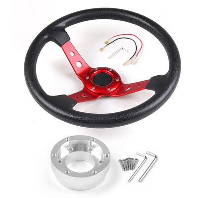 Dyno Racing 14Inch 350Mm Pu Leather Car Racing Steering Wheel Red Adapter Plate