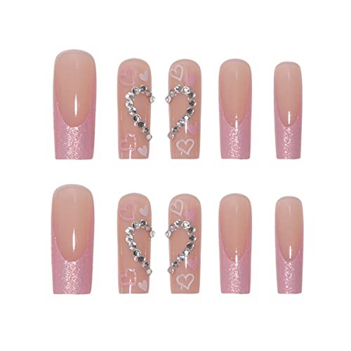 Glitter French Tips Press on Nails Long Square Fake Nails Pink Full French-1 - Bild 4 von 7