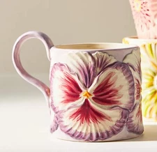 Anthropologie Lilypad Floral Mug Pansy Lilac New In Box Gorgeous! 