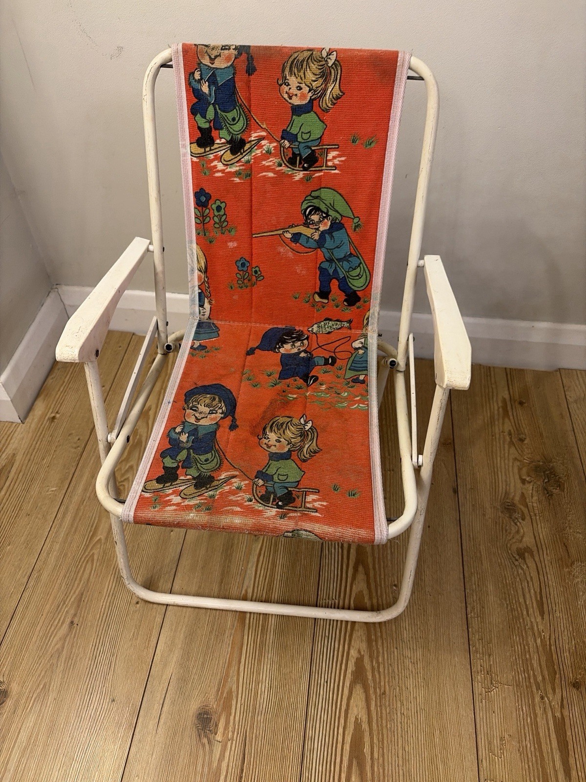 Vintage Childs Folding Chair Retro Chair Orange Fabric Metal Frame 1970s Prop