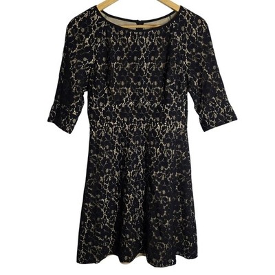 ABS by Allen Schwartz Black Gold Lace Overlay Dress 3/4 Sleeve Fit Flare Size 4