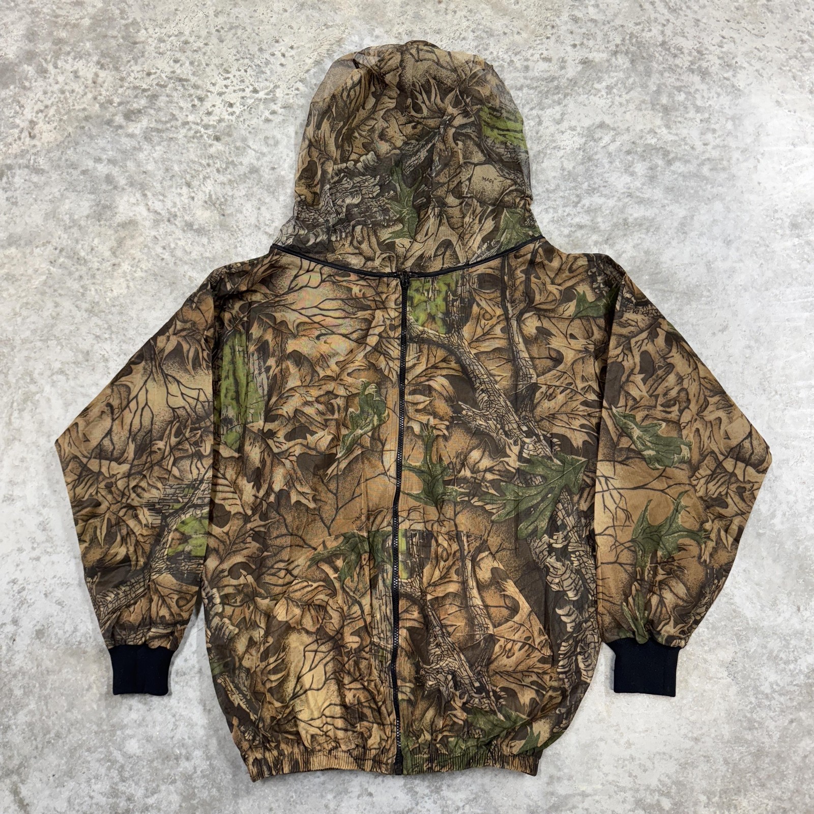Camo Mesh Bug Jacket Mens Large Brown Green Hooded Full Zip Mosquito Net Hunting