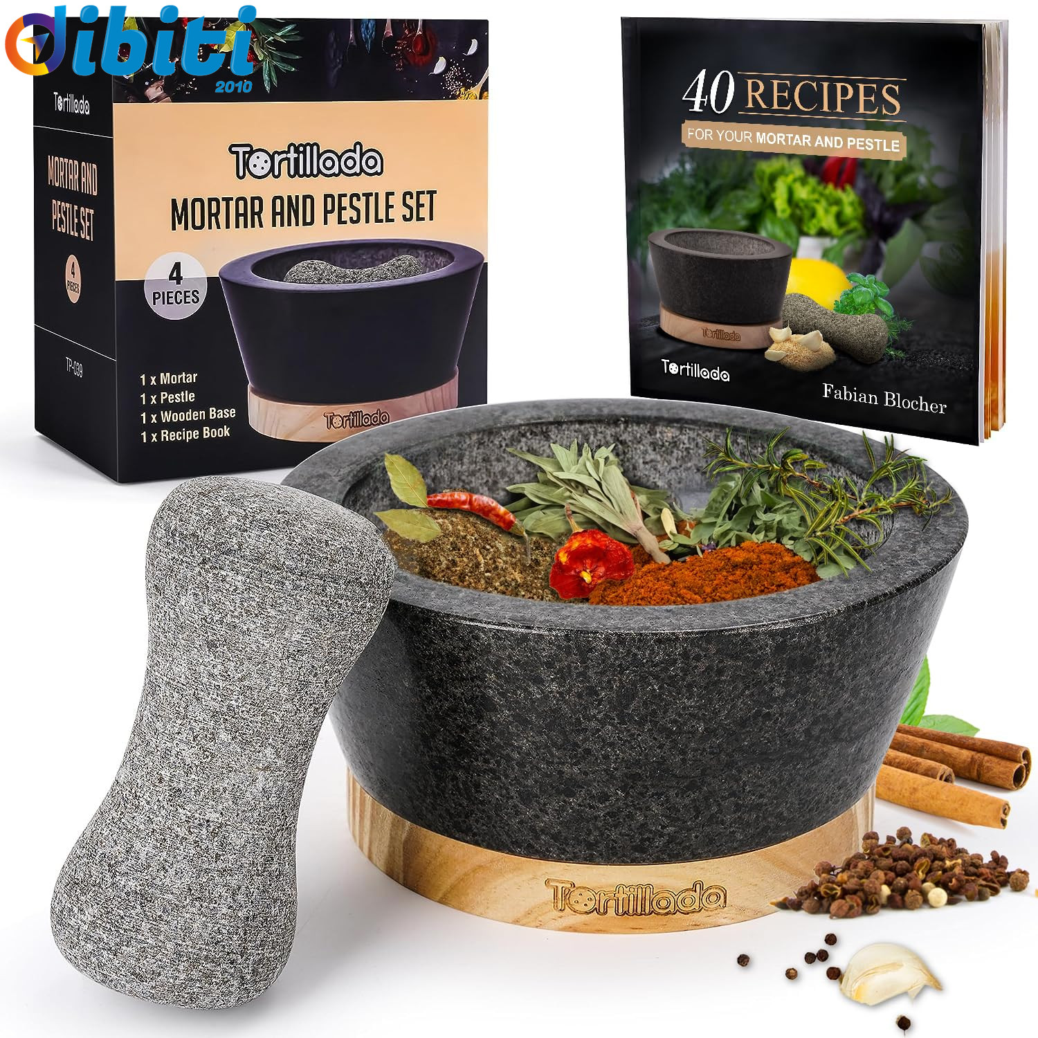 Mortaio per Pesto 16cm in Granito Vero - Base Legno Salvatavolo