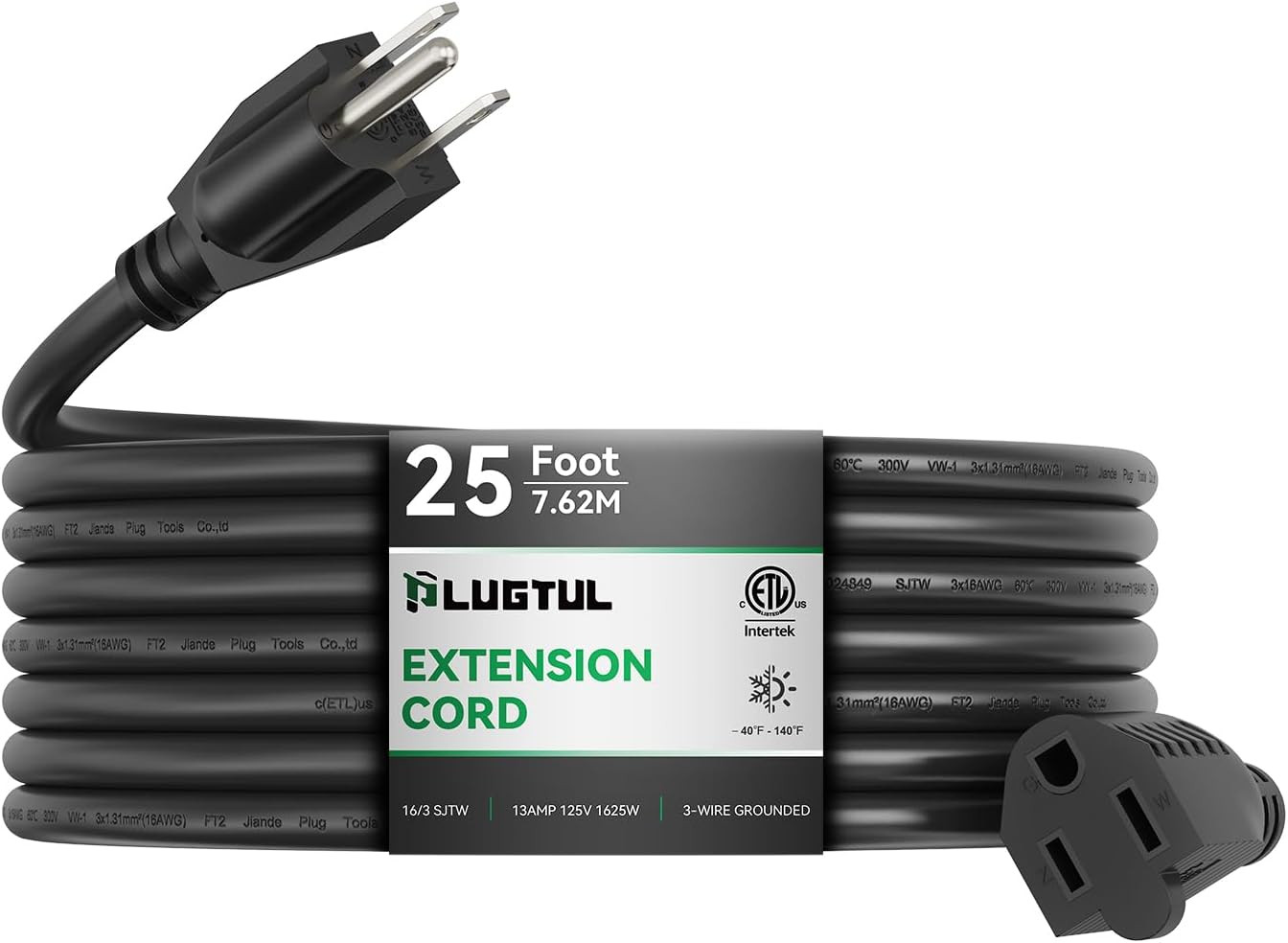 Outdoor Extension Cord 25 FT Waterproof, 16/3 Gauge Black Heavy Duty 3 Prong Ext