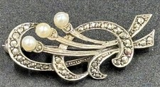 Antique 800 Silver Handcrafted Marcasite Rhinestone Pearls Brooch Signed.