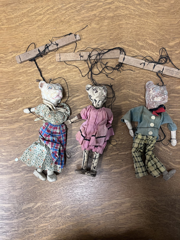 3 animal folk art marionette puppets, Stensgaard puppets Los Angles.