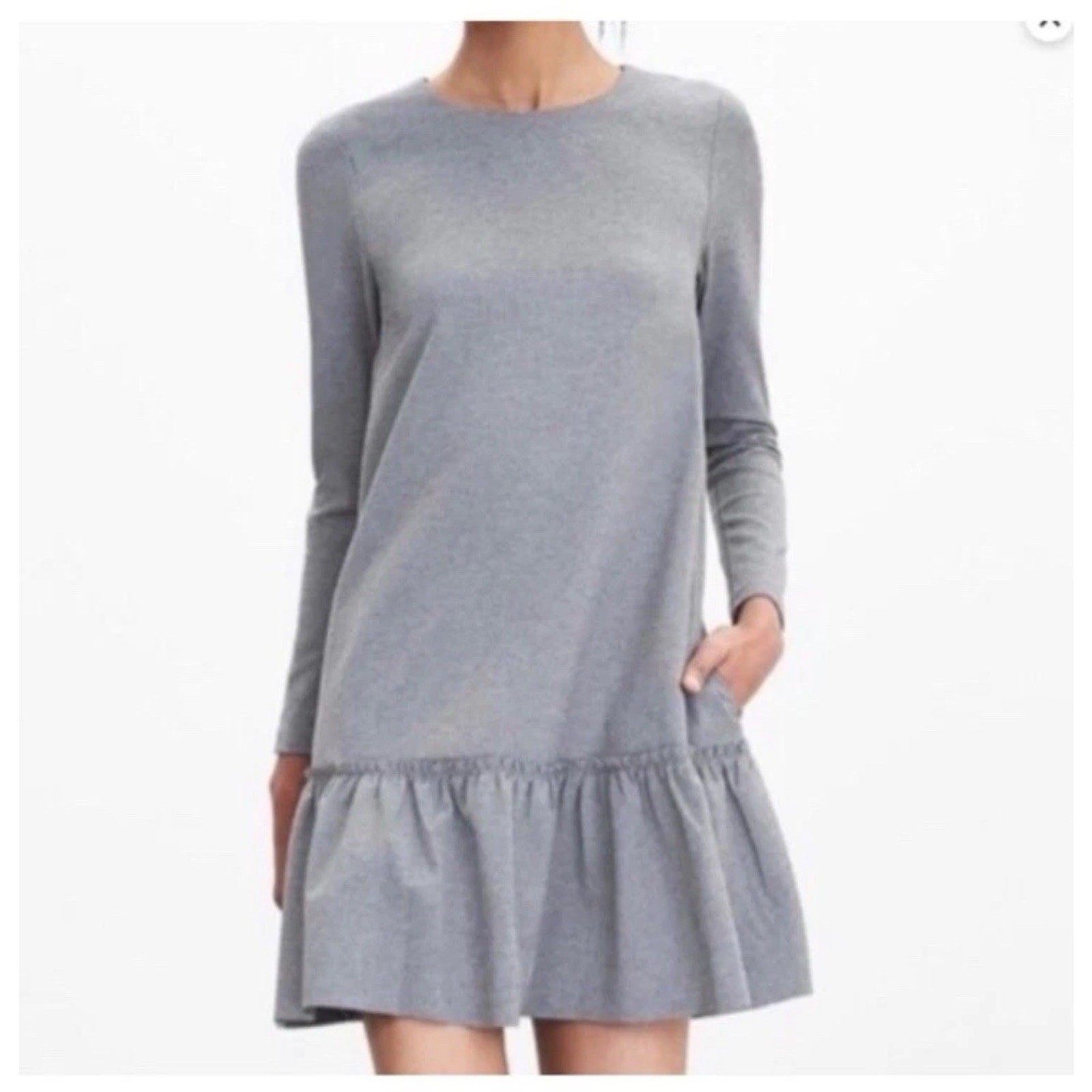 Banana Republic Women's 12 Long Sleeve Grey Ruffle Hem Shift Dress Pockets Prep