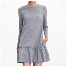 Banana Republic Women's 12 Long Sleeve Grey Ruffle Hem Shift Dress Pockets Prep