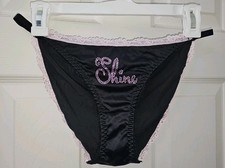 Vintage Girly Glossy Black Rhinestone Soft Satin String Bikini Panties Large