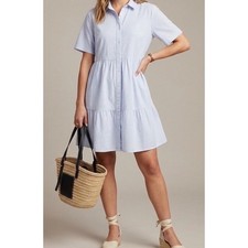GAP Women's Mini Dress Blue White Stripe Tiered Button Down - Large