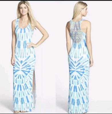NWT Felicity & Coco Tank Lace Back Dress (L) Blue Green Tie Dye Maxi Tall Slit