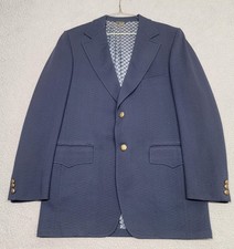 Cricketeer Double Knit Blazer Mens 42L Navy Herringbone Single Breast Gold Btn