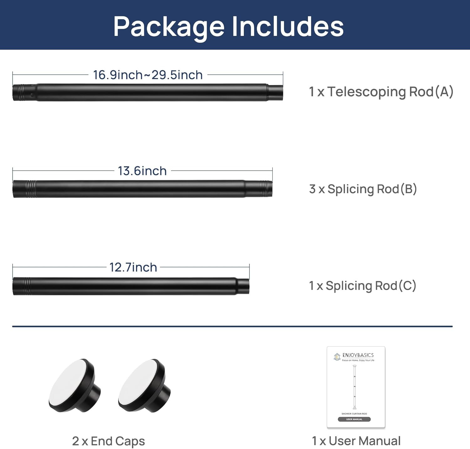 Matte Black Shower Curtain Rod 30 to 76 Inches, 1 Inch Stainless Steel Adjustabl