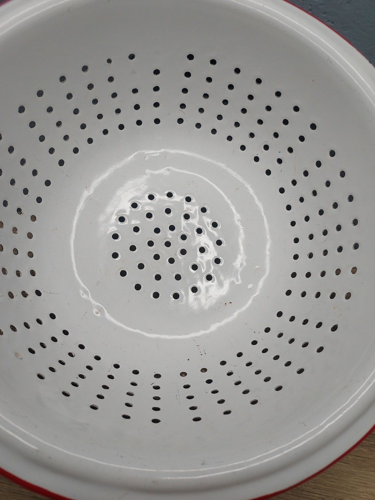 Vintage Enamelware Mixing Bowl Colander White Red Trim Strainer Cottage Kitchen