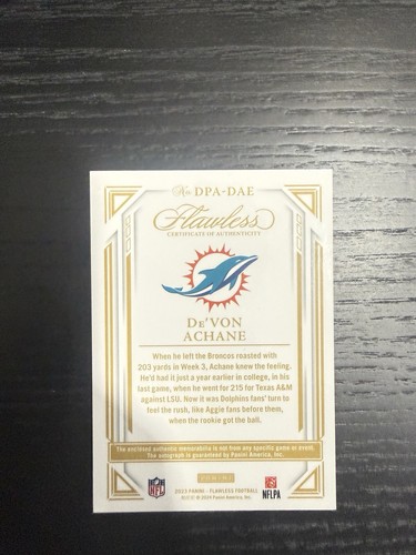 2023 Panini Flawless - Rookie Dual Patch Autographs De'Von Achane - Picture 2 of 2