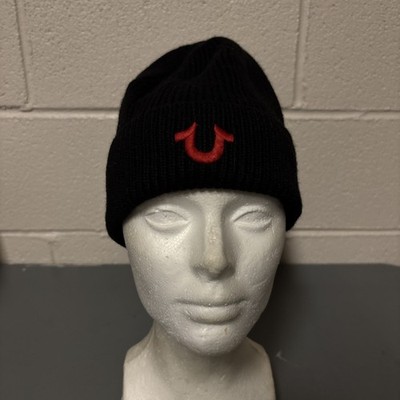 True Religion Knit Beanie Watch Cap Logo 100% Acrylic Black Red