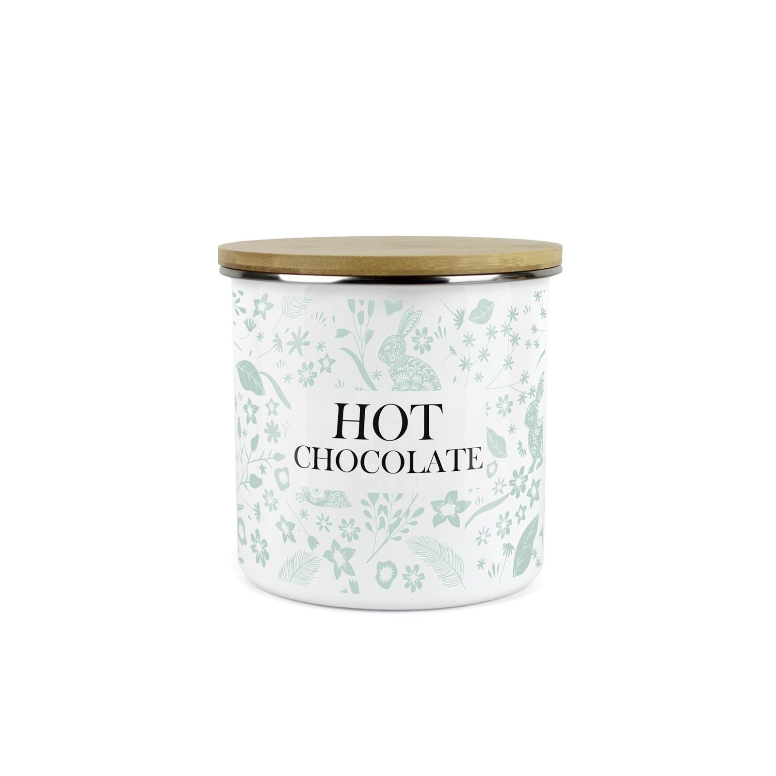 Green Rabbits Hot Chocolate Canister - Floral Enamel Kitchen Storage Jar Gift
