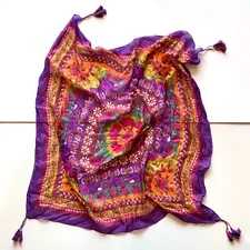 NWT Natural Life Silk Boho Square Scarf Floral Tassel Fringe Lightweight Hippie