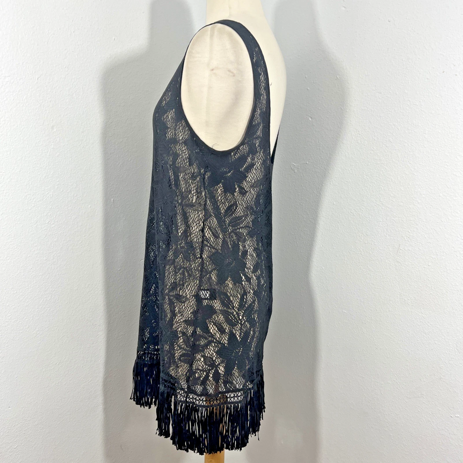 UNDERCOVER Abito Victorias Secret donna SP nero frange copricostume da bagno spiaggia vacanze