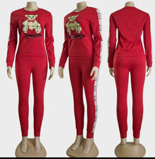 Women's Red/White/Black 2-Piece Sweatsuit Set Crew Neck Long Sleeve S