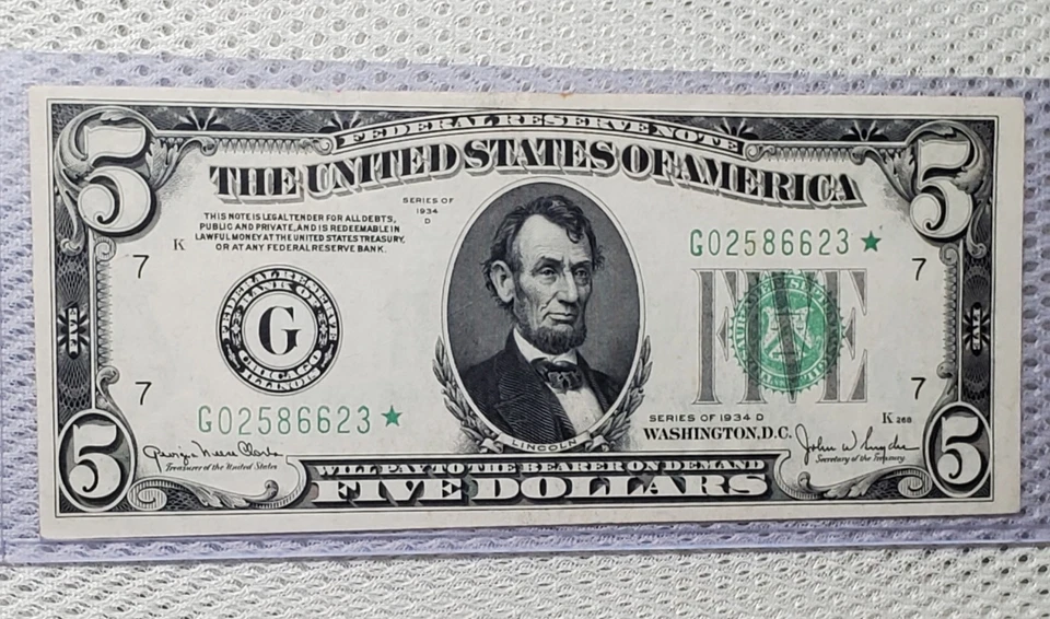 *Estrella* Billete de 5 dólares de la Reserva Federal de 1934 sello verde Chicago, IL billete escaso Foto 3 de 4