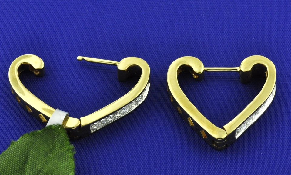18k Solid Yellow Gold Heart ladies 1.05 ct Diamond Earring Huggie Princess cut - Image 4 of 4